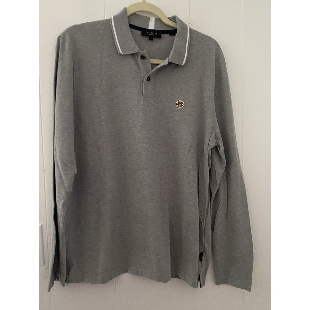 Ted Baker London Men's Grey Long Sleeve Polo Embroidered Flower Logo Size 4 (L)